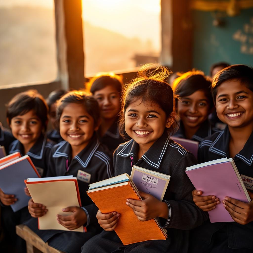 Smiling Nepali schoolchildren in uniforms holding new notebooks in a hillside classroom
