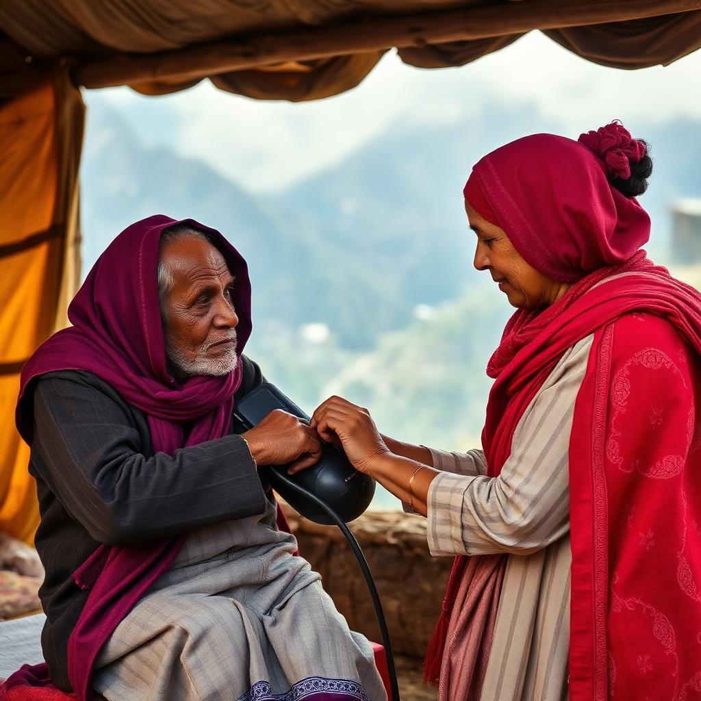 Community health worker checking an elderly villager's blood pressure at a Bhedetar health camp