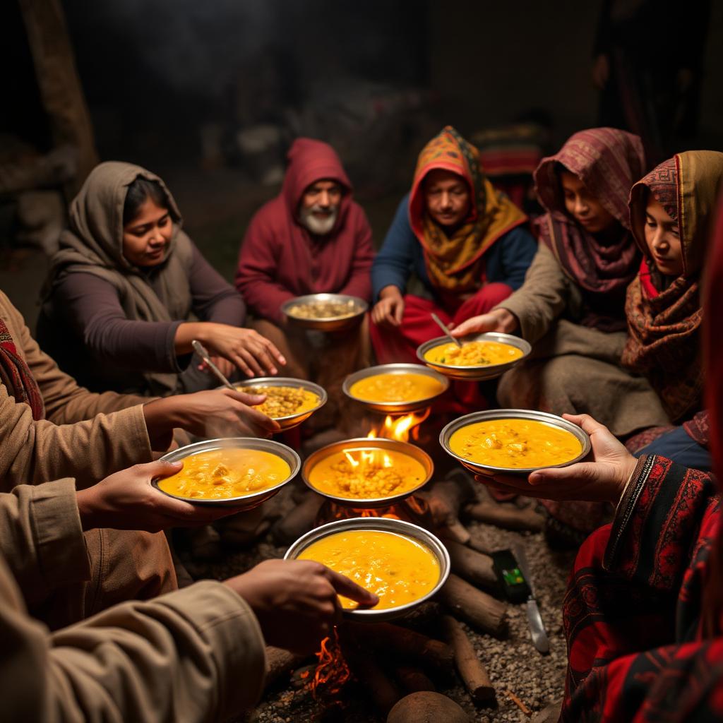 Village families sharing steaming plates of dal bhat around a fire