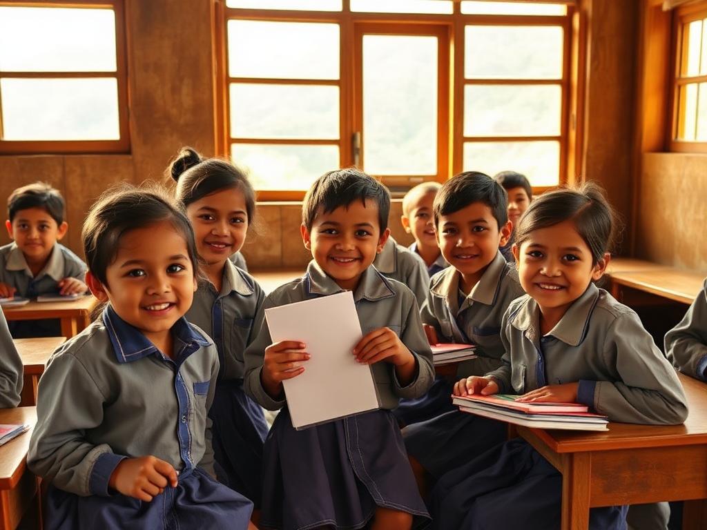 Nepali school children receiving notebooks and school supplies in Bhedetar classroom