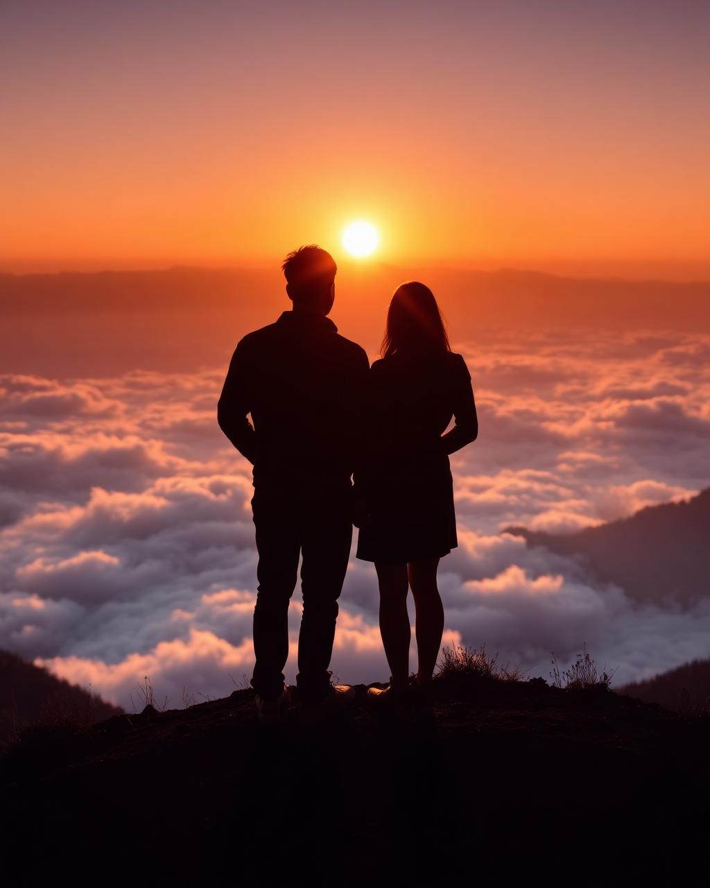 Couple silhouette watching sunrise over clouds at TEC Resort